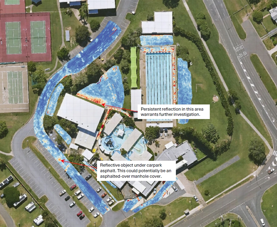 Overhead view of aquatic facility site with labelled investigation areas