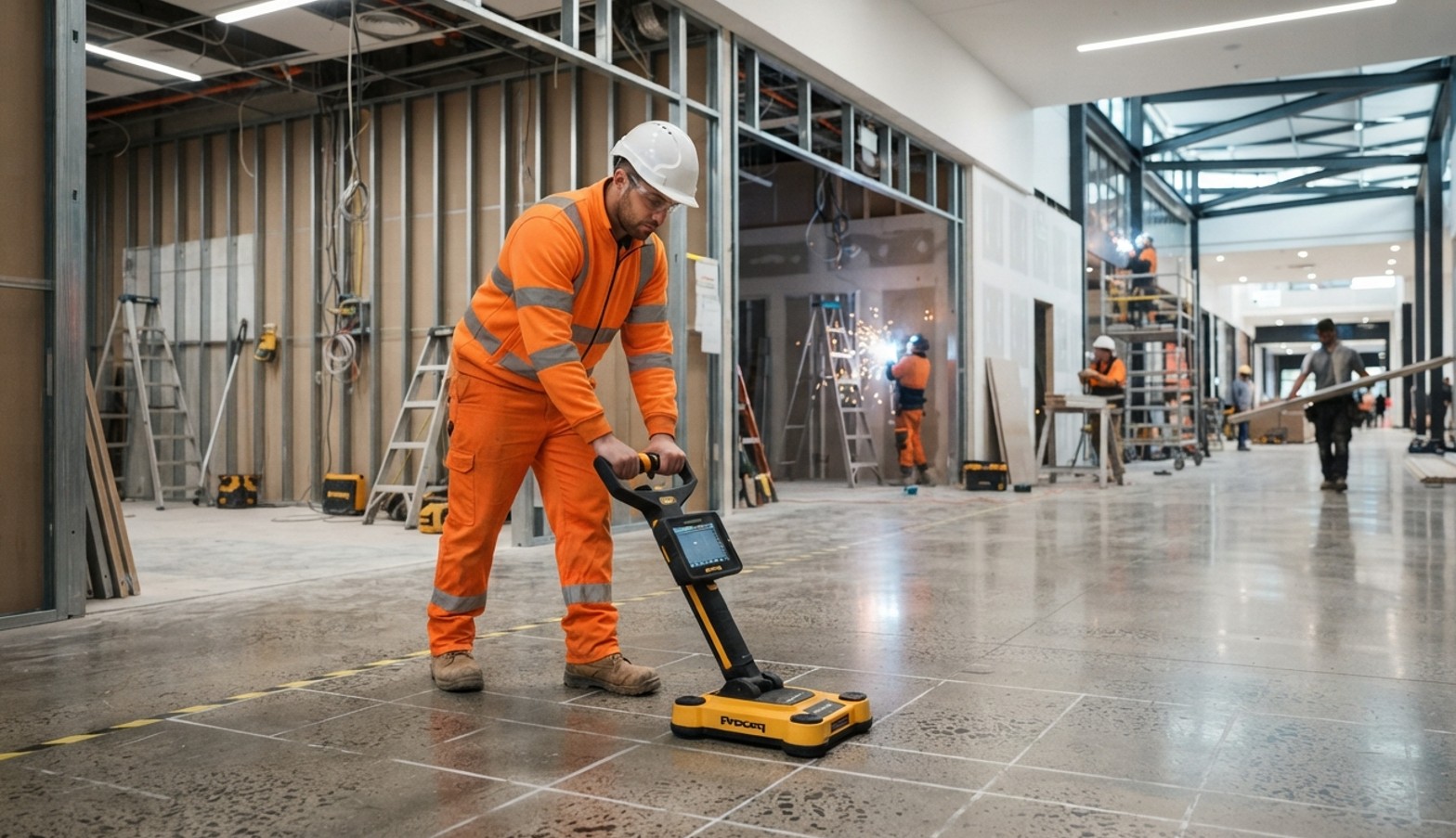 Technician using GPR scanner during a retail fitout inside a shopping centre