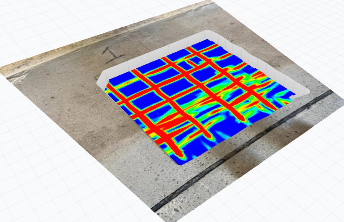 Ground penetrating radar depth slice rendered over a photograph of the reservoir floor, showing the reinforcement mesh in red against a blue background.