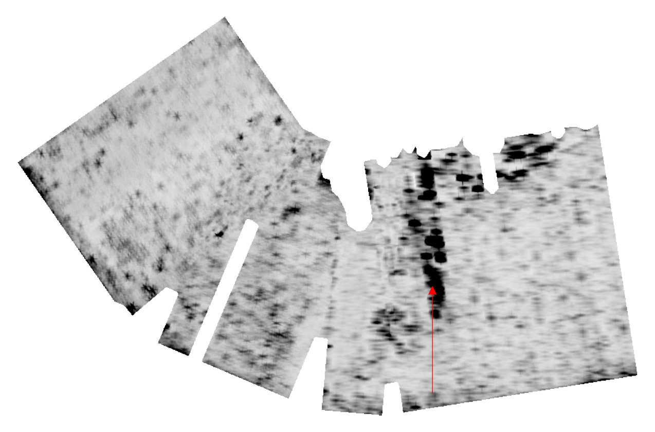 Depth slice at 1.0m, with the arrow indicating a potential void