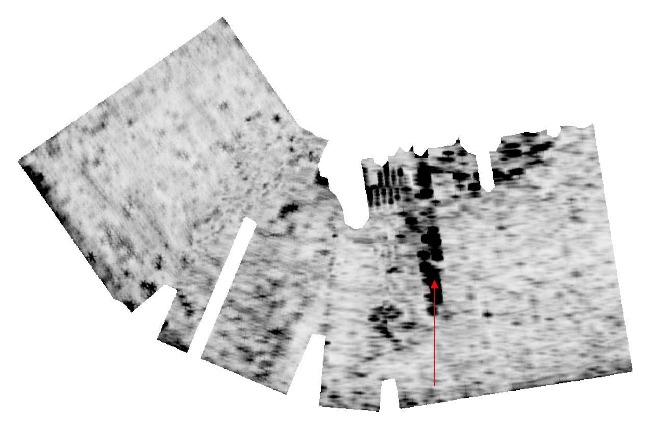 Comparative depth slice at 6.8m, indicating that the same anomaly continues through the depth of the scan