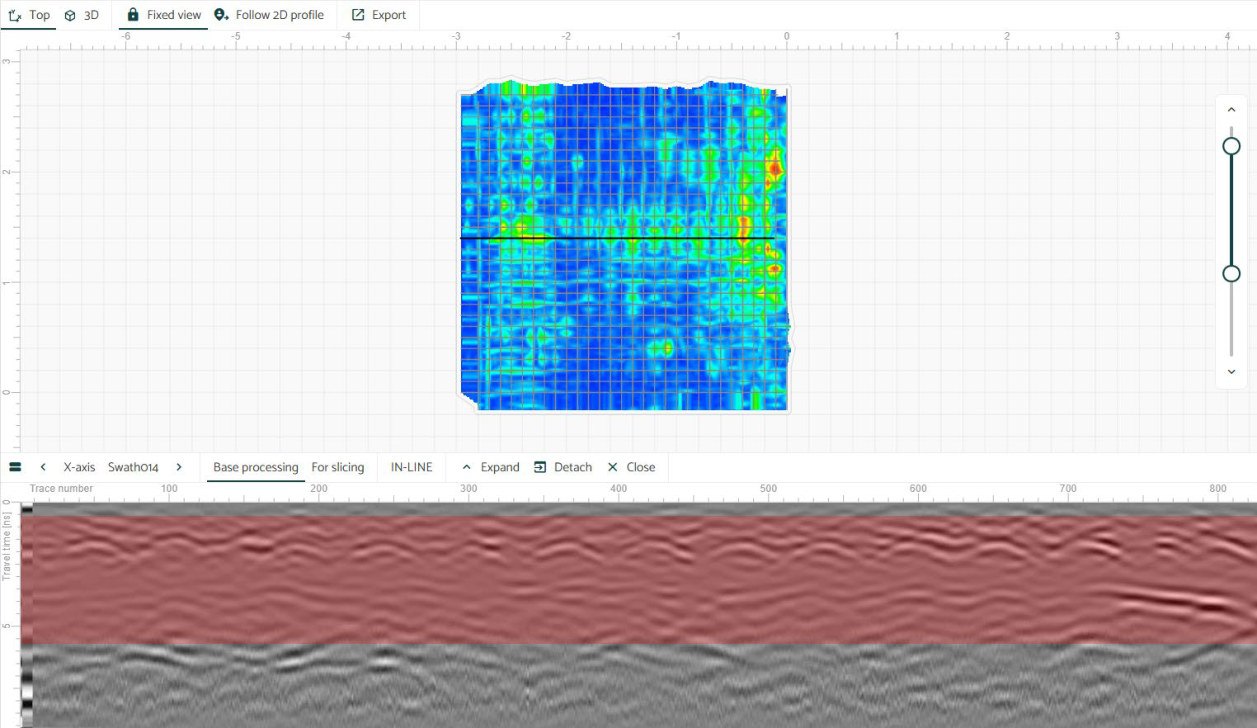 Geolitix depth slice of a concrete slab above a B-scan radargram showing a reflection beneath the reinforcement