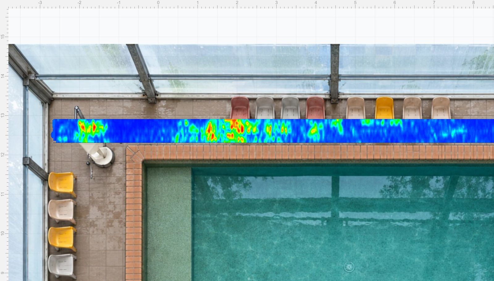 Close-up GPR amplitude slice showing a cluster of high-amplitude reflections along a pool edge