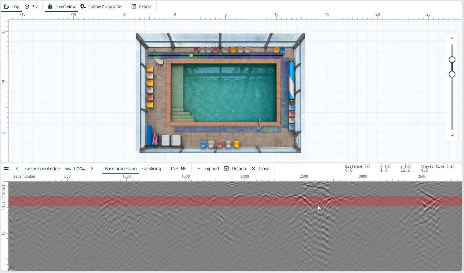 GPR B-scan radargram with stacked hyperbolic reflections beneath pool deck reinforcement