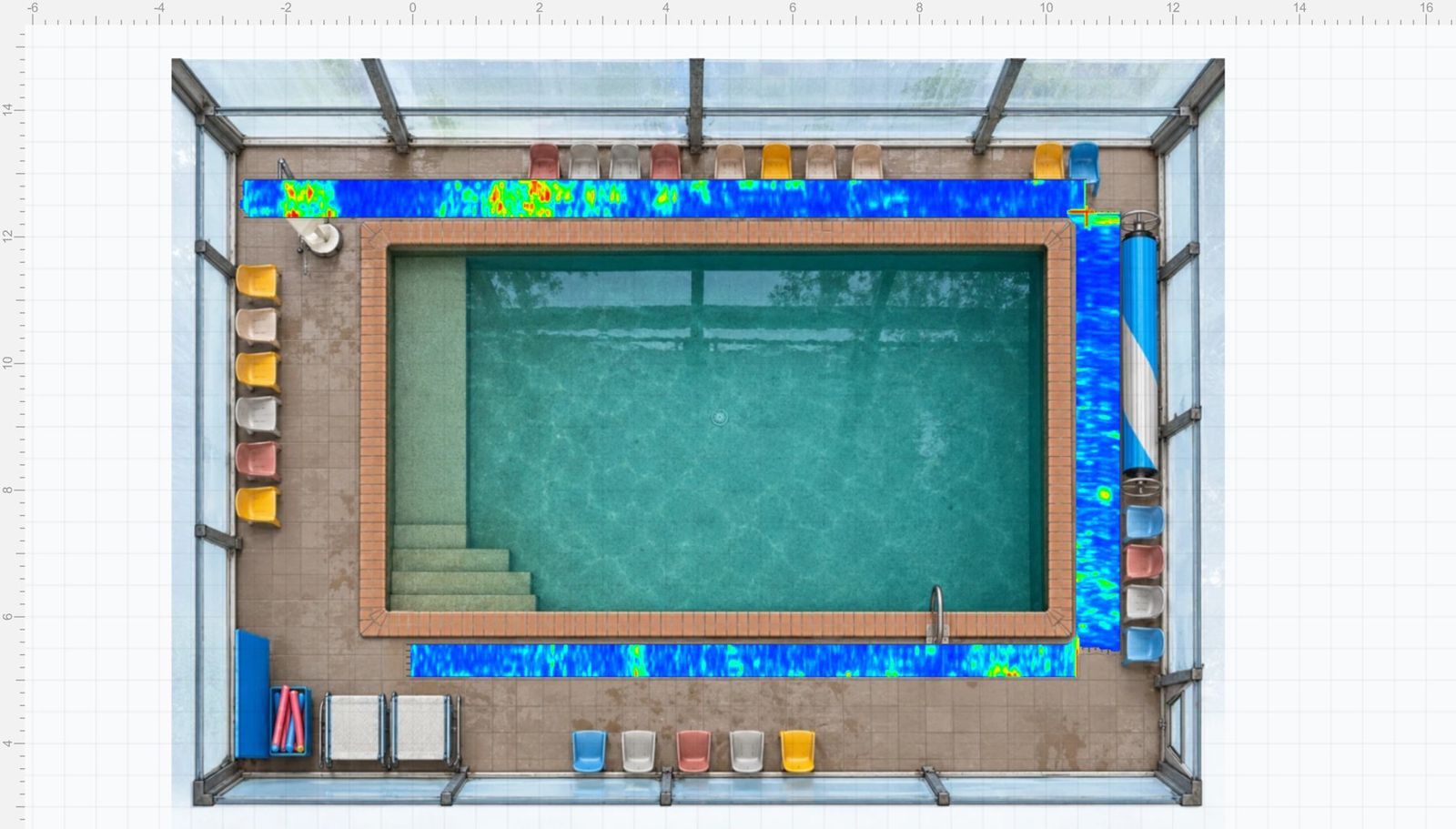 Plan view GPR amplitude slice beneath the deck reinforcement around three edges of a pool