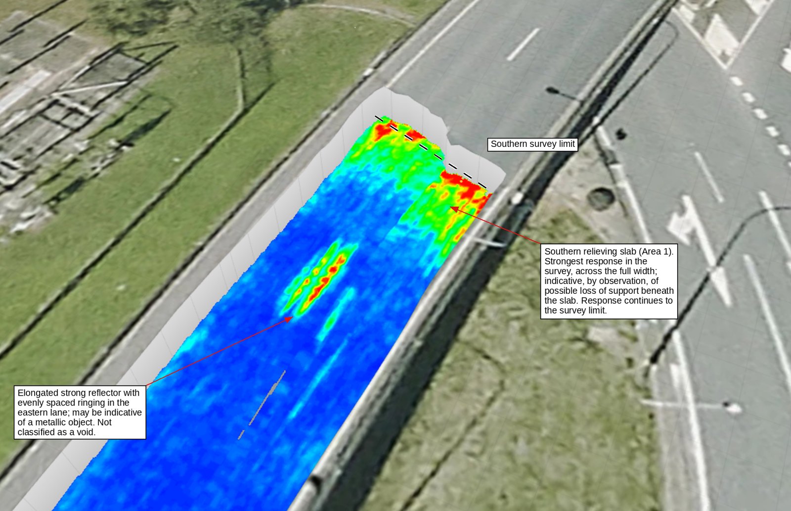 200 MHz GPR depth slice showing an elongated strong reflector in one lane, possibly metallic and not classified as a void