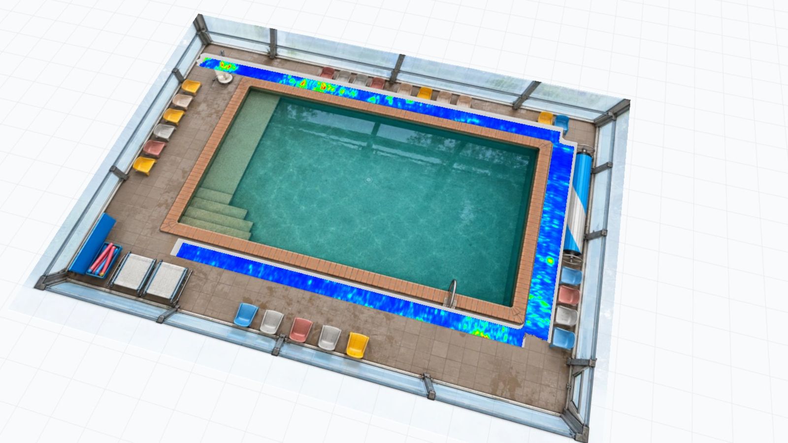 3D view of GPR amplitude slices around a learn to swim pool deck, showing high-amplitude zones in red