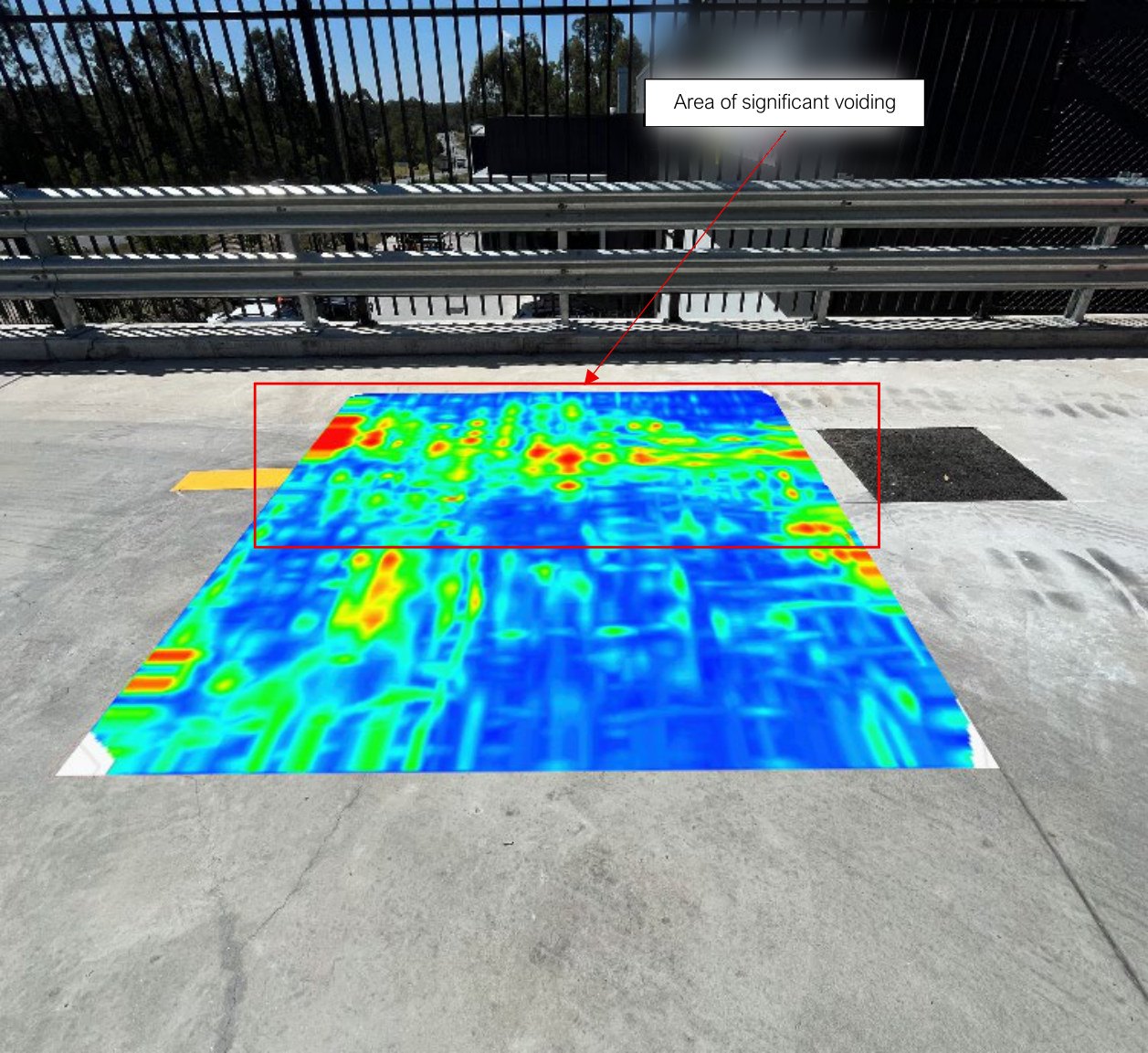 GPR void map with high-amplitude zones beneath the reinforcement of a concrete slab