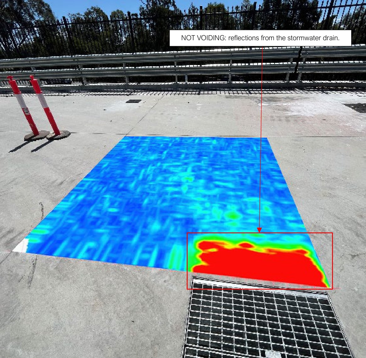 GPR void map with a strong reflection from a stormwater drain beside a grated pit